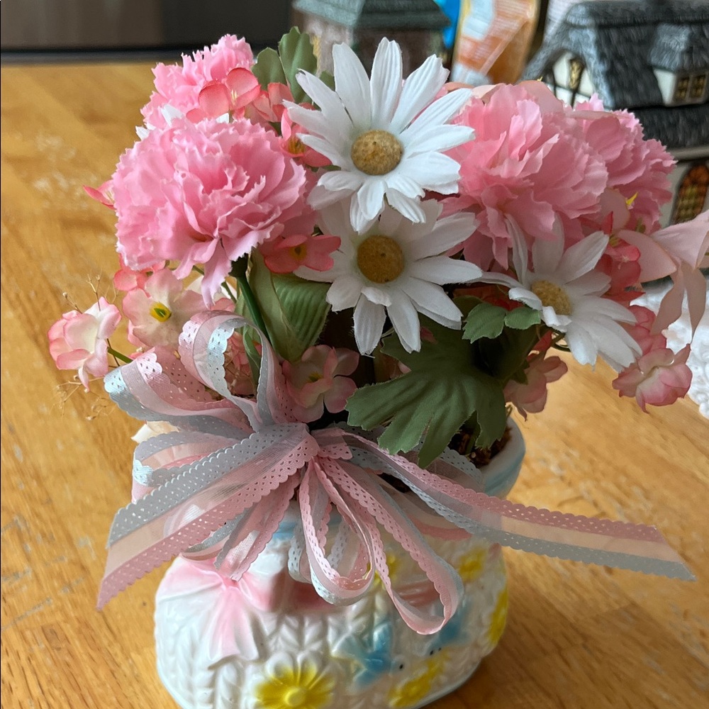 Floral Ceramic Vase with Pink and White Accents